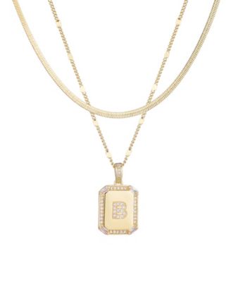 Gold Pave Tag Pendant and Herringbone Chain Initial Necklace Set