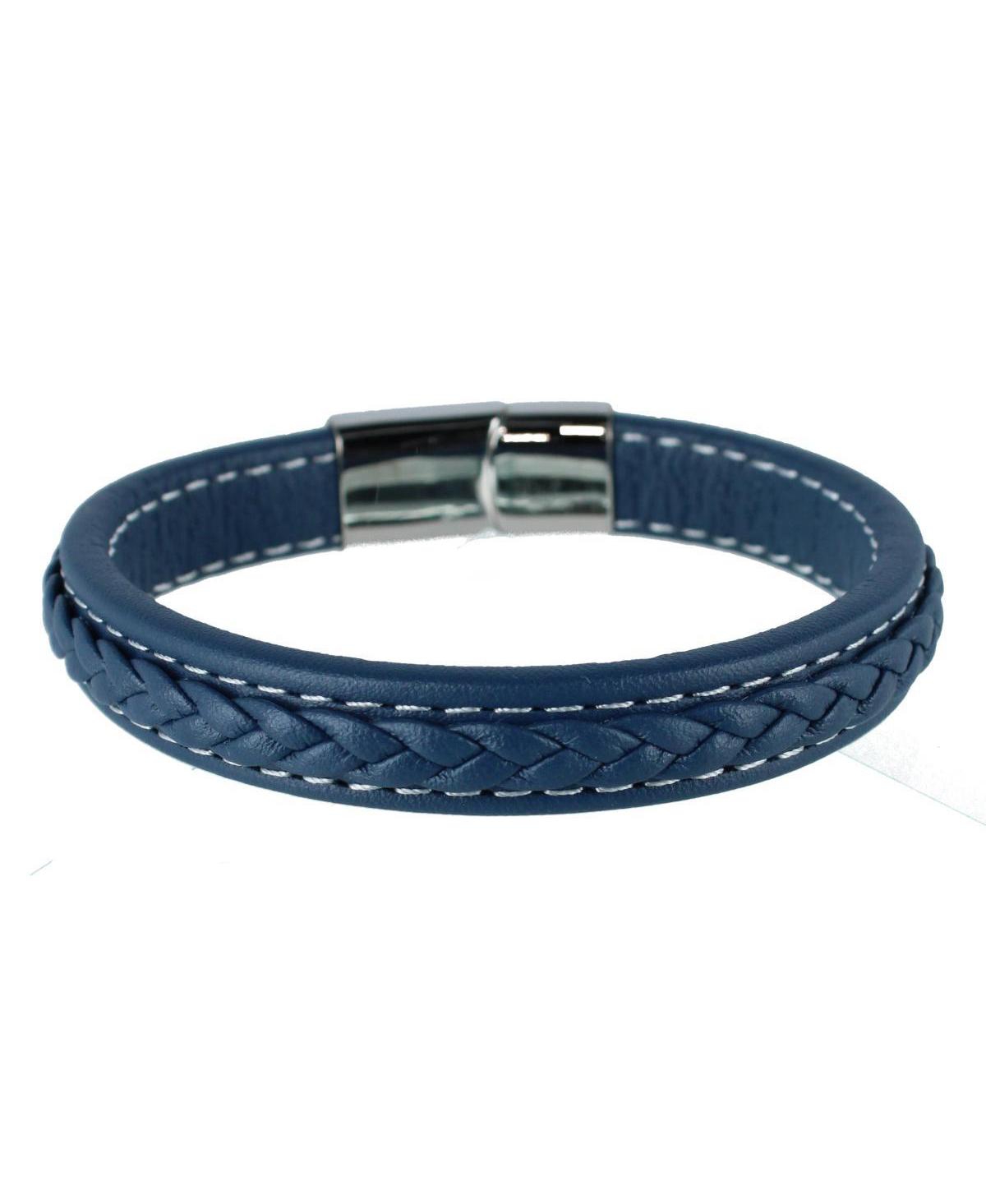 Loose Fit Amari's Azure Stitched Leather Secure Clasped Bracelet - Blue
