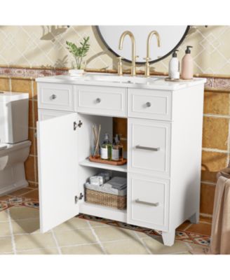 36" Solid Wood & Ceramic Hairdryer Drawer Bathroom Vanity with Soft-Close Doors