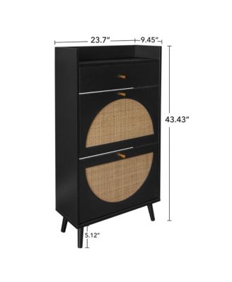 Freestanding Modern Shoe Storage Cabinet 3 Metal Rattan Door Shoe Rack Shoe Cabinet with 3 Flip Drawers for Entryway Living Room, Black
