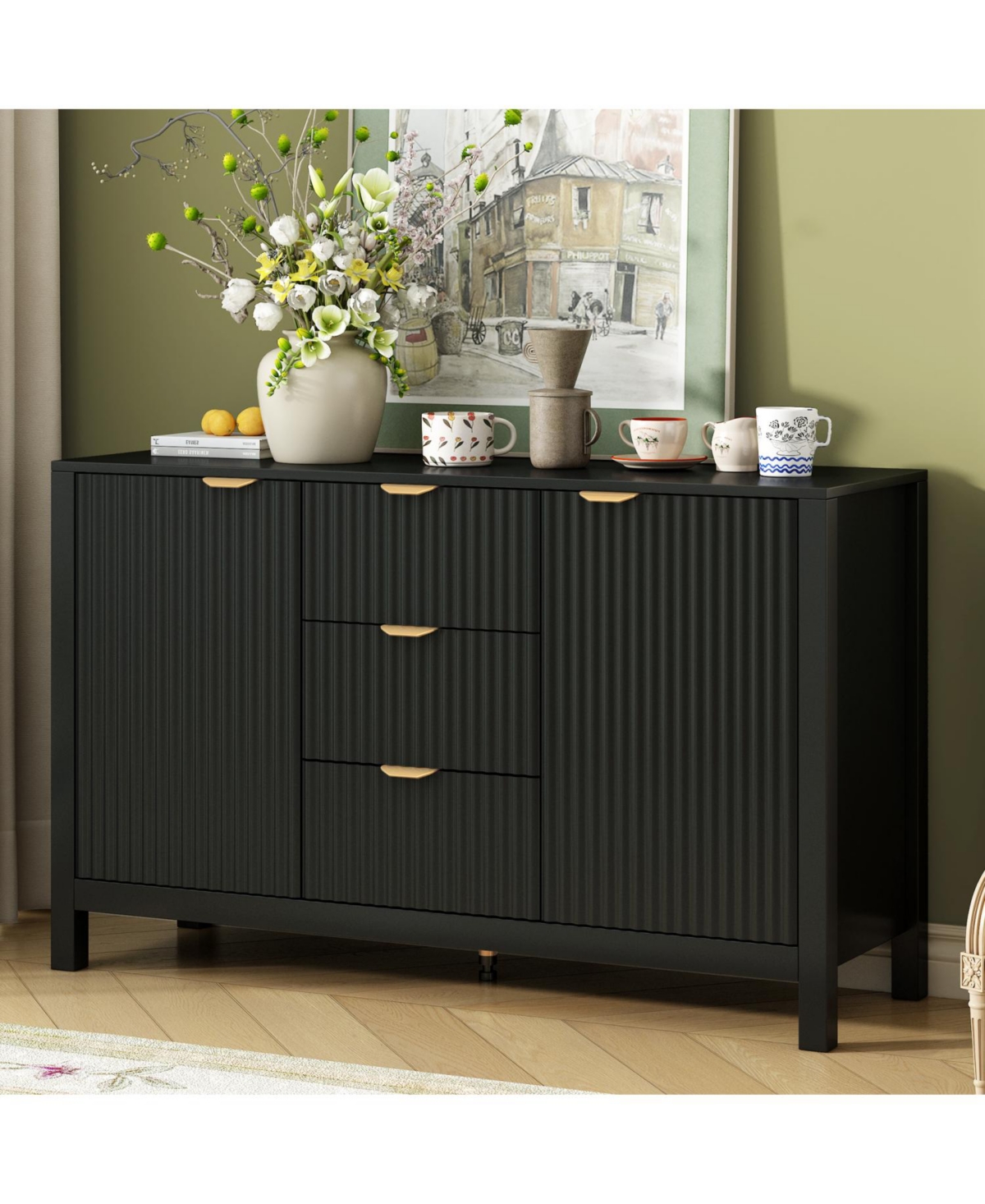 Streamdale Furniture Wave Design Sideboard - Adjustable Shelves Drawers Soft-Close Doors