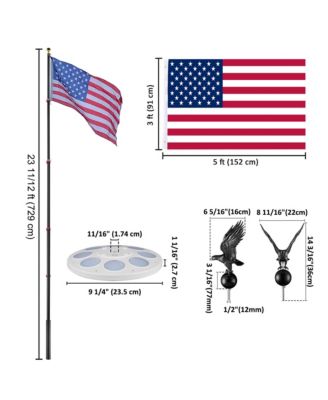 EZ GO 25ft Eagle Topper Telescopic Flag Pole Kit Solar Light Outside 3x5' US Flag Ball Top, Black