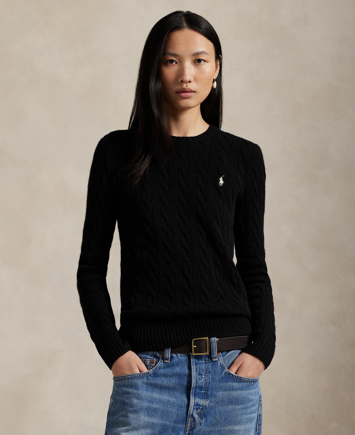 Women's Cable Wool-Cashmere Crewneck Sweater - Polo Black