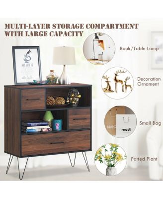 3-Tier Wood Storage Cabinet with Drawers and 4 Metal Legs