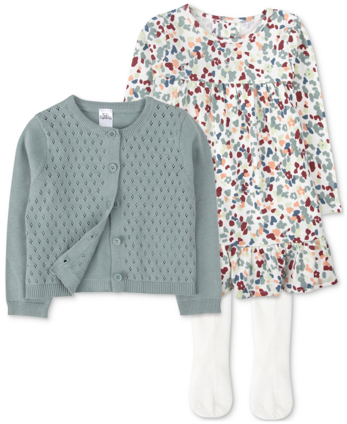 Baby Essentials Girls Cardigan, Dress & Footed Tights, 3 Piece Set