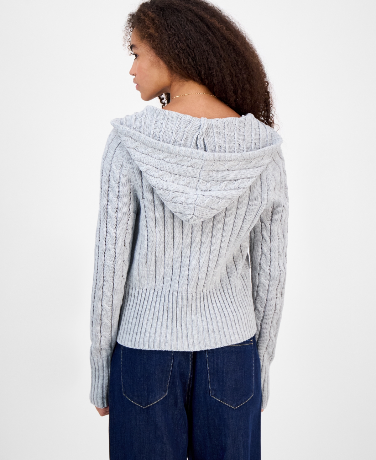 Hooked Up By Iot Juniors' Cable-knit Zippered Hoodie In Gray