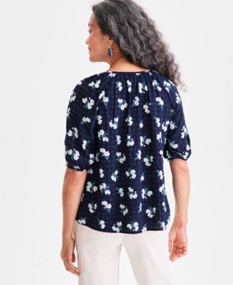 Petite Printed Seersucker Puff-Sleeve Popover Top, Macy's Exclusive