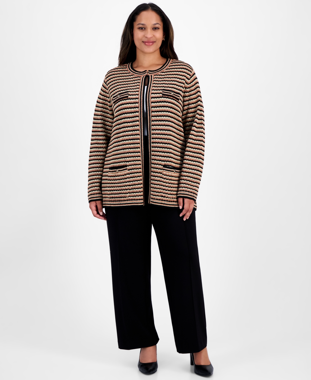 Anne Klein Plus Size Long-sleeve Front-pocket Cardigan In Brown