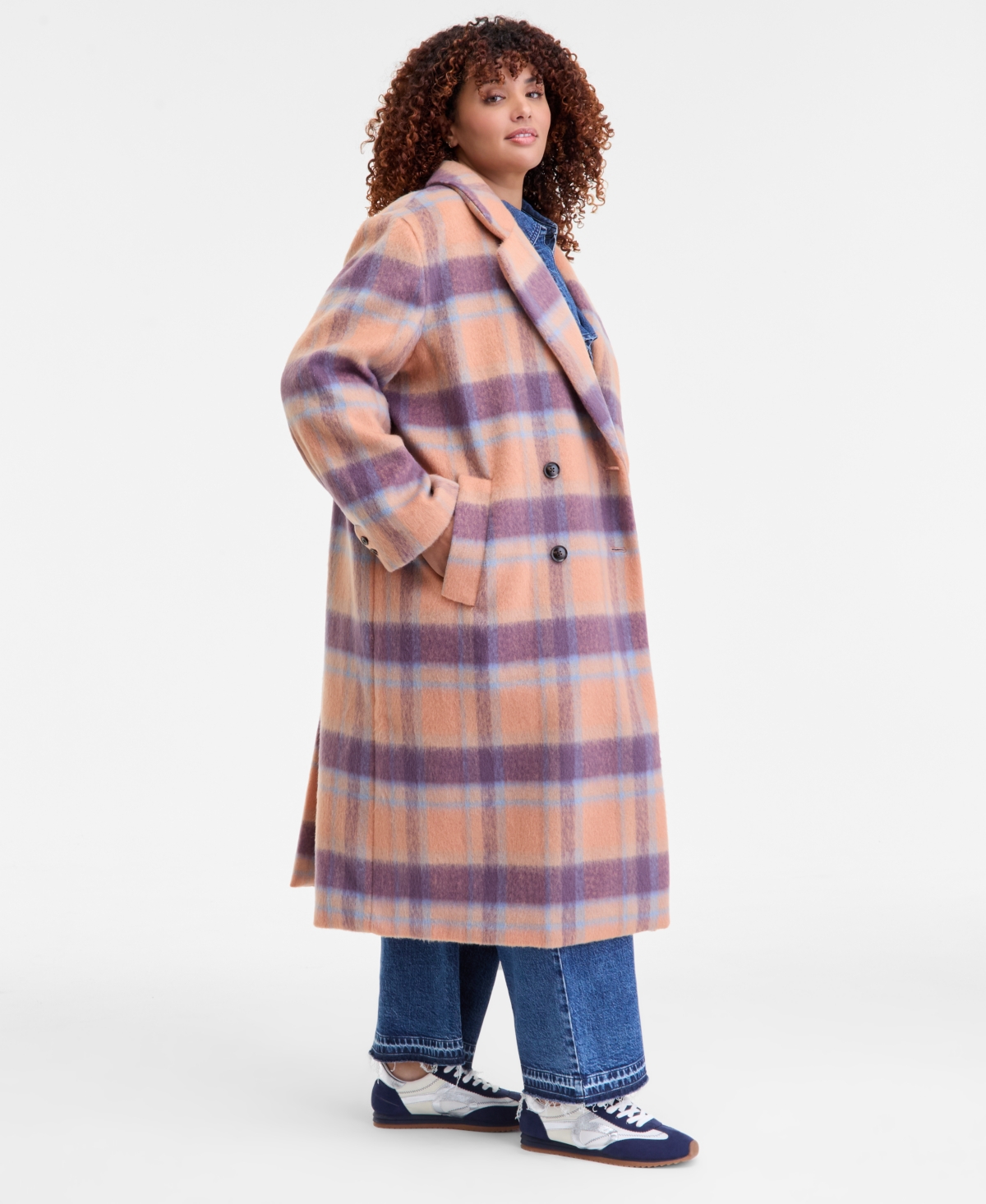 On 34th Women's Brushed Plaid Double-breasted Coat, Macy's Exclusive In Orange