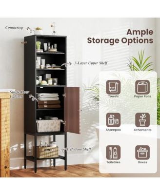 57 Inch Bathroom Tall Cabinet with 1 Door and 4 Shelves Narrow Storage Unit with Adjustable Shelves