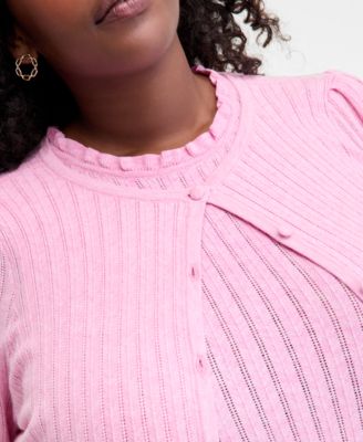 Trendy Plus Size Puff-Shoulder Pointelle Cardigan