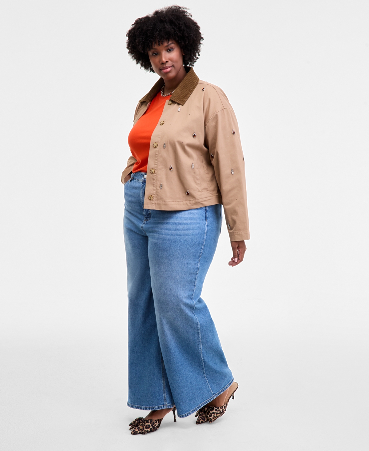 On 34th Trendy Plus Embellished Corduroy-collar Jacket, Macy's Exclusive In Green