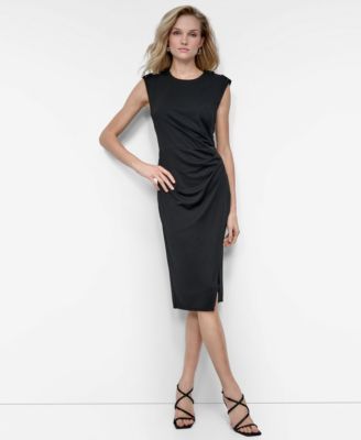 DKNY - Women's Ruched Slit Sleeveless Knee-Length Dress
