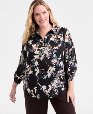 AK Anne Klein - Plus Size Printed Collared V-Neck Blouse