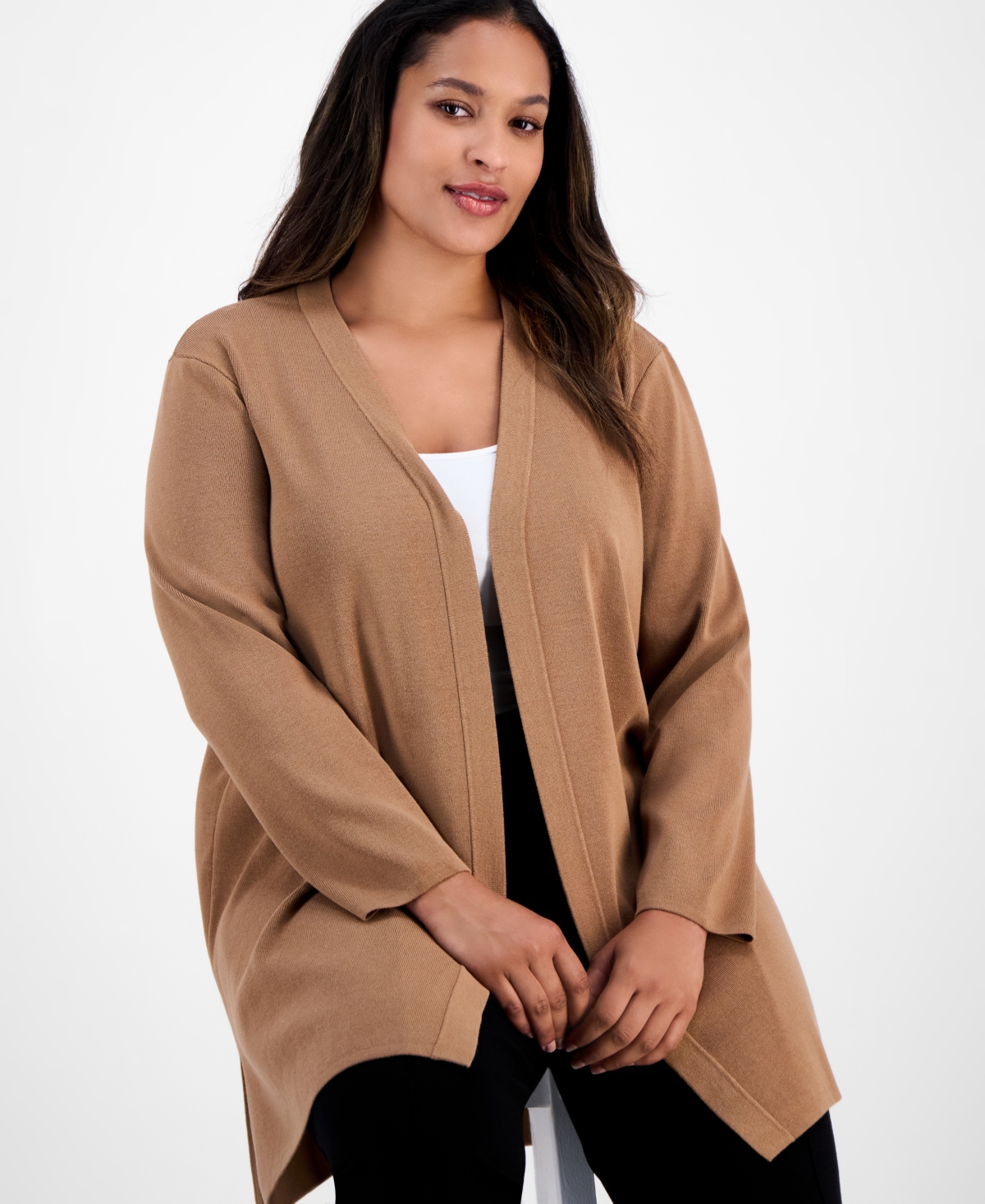 Ak Anne Klein Plus Size Kissing-front Side-slit Cardigan In Brown