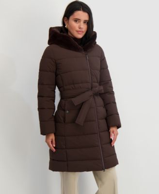 Tahari - Women's Faux-Fur-Trim Hooded Belted Puffer Coat