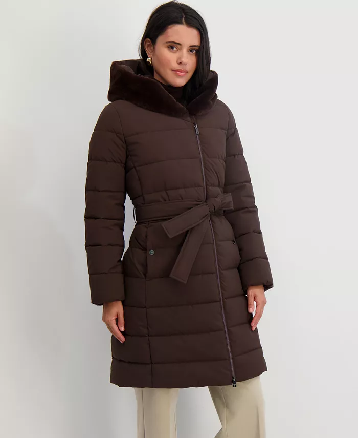Women's Faux-Fur-Trim Hooded Belted Puffer Coat