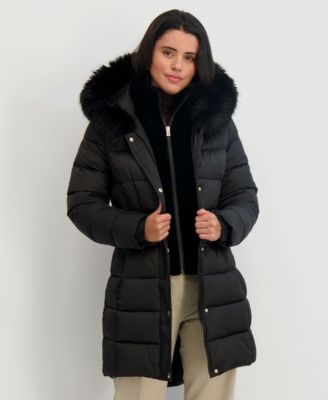 Womens Velvet Bibbed Faux-Fur Hooded Puffer Coat