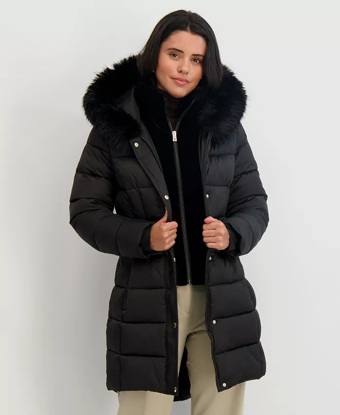 Womens Velvet Bibbed Faux-Fur Hooded Puffer Coat - thumbnail 6
