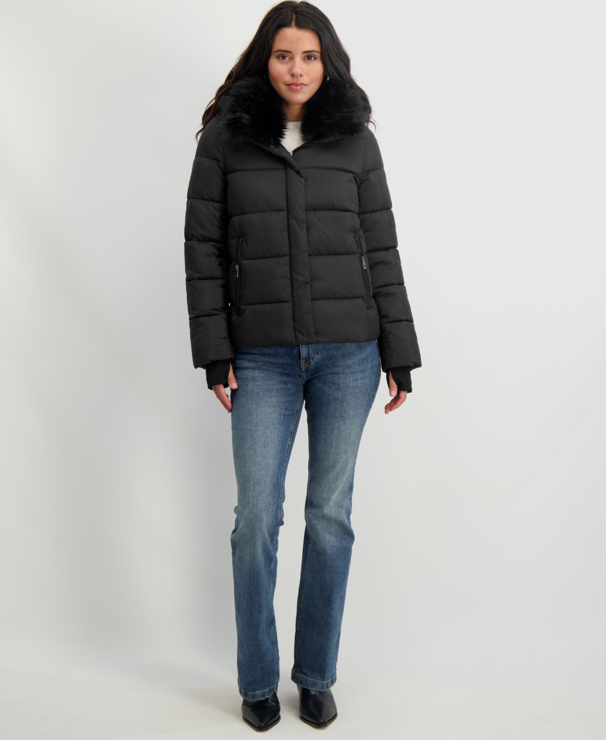 Tahari Women's Faux-fur-collar Hooded Puffer Coat In Black