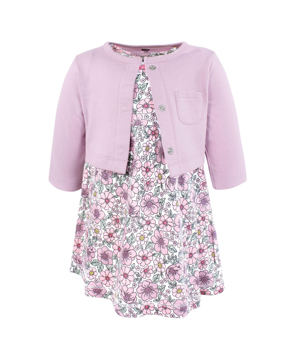 Hudson Baby Baby Girls Hudson Cotton Dress and Cardigan Set, Pink Purple Pretty Floral - Pink purple pretty floral