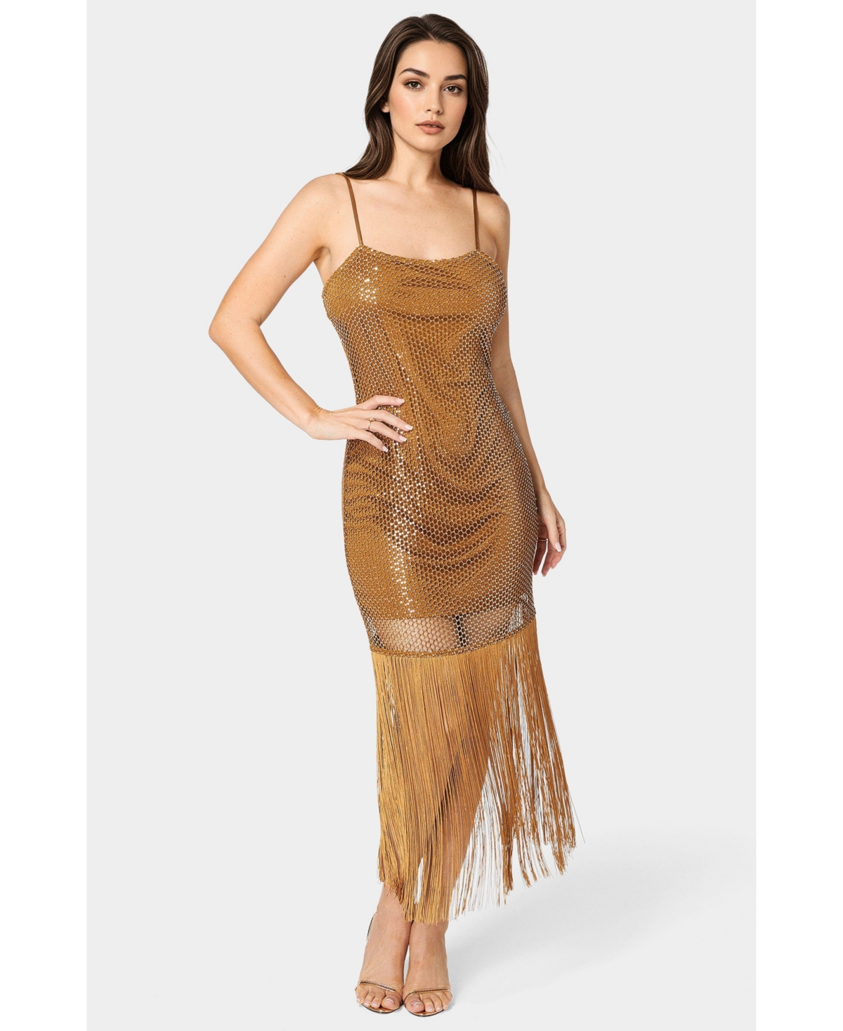 Women's Sequin Crochet Fringe Dress - Bronze