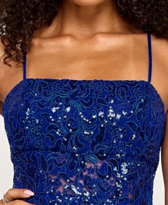 Juniors' Embroidered Lace Mesh Fit & Flare Dress