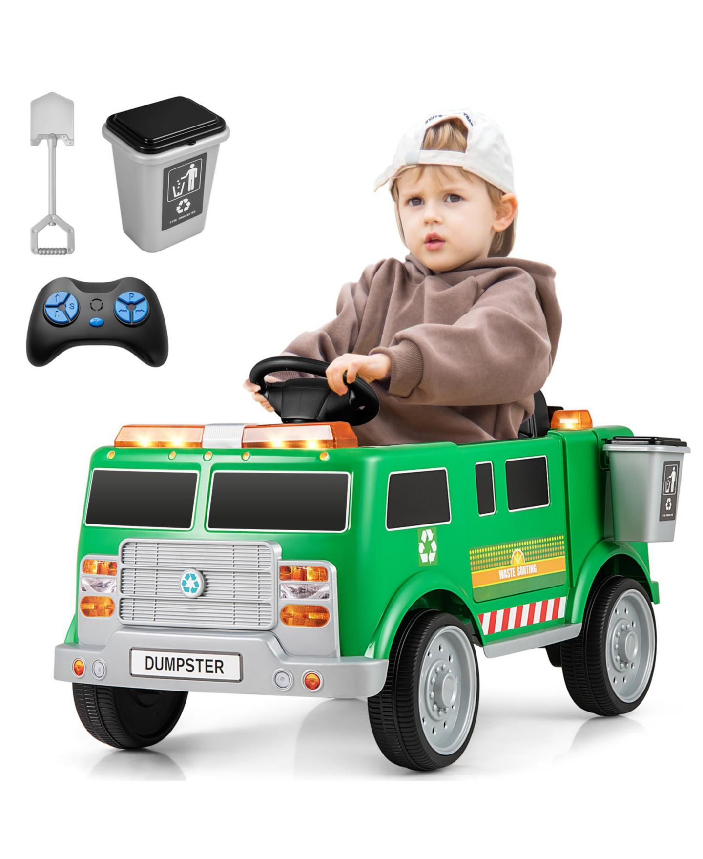Детская игрушка Gymax Ride on Garbage Truck with Remote Control Trash Bin Shovel Lights Sound Effects, цвет: Зелёный — фото 1