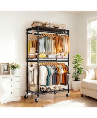 Heavy Duty Rolling Clothes Rack with Shelves &amp; Hooks