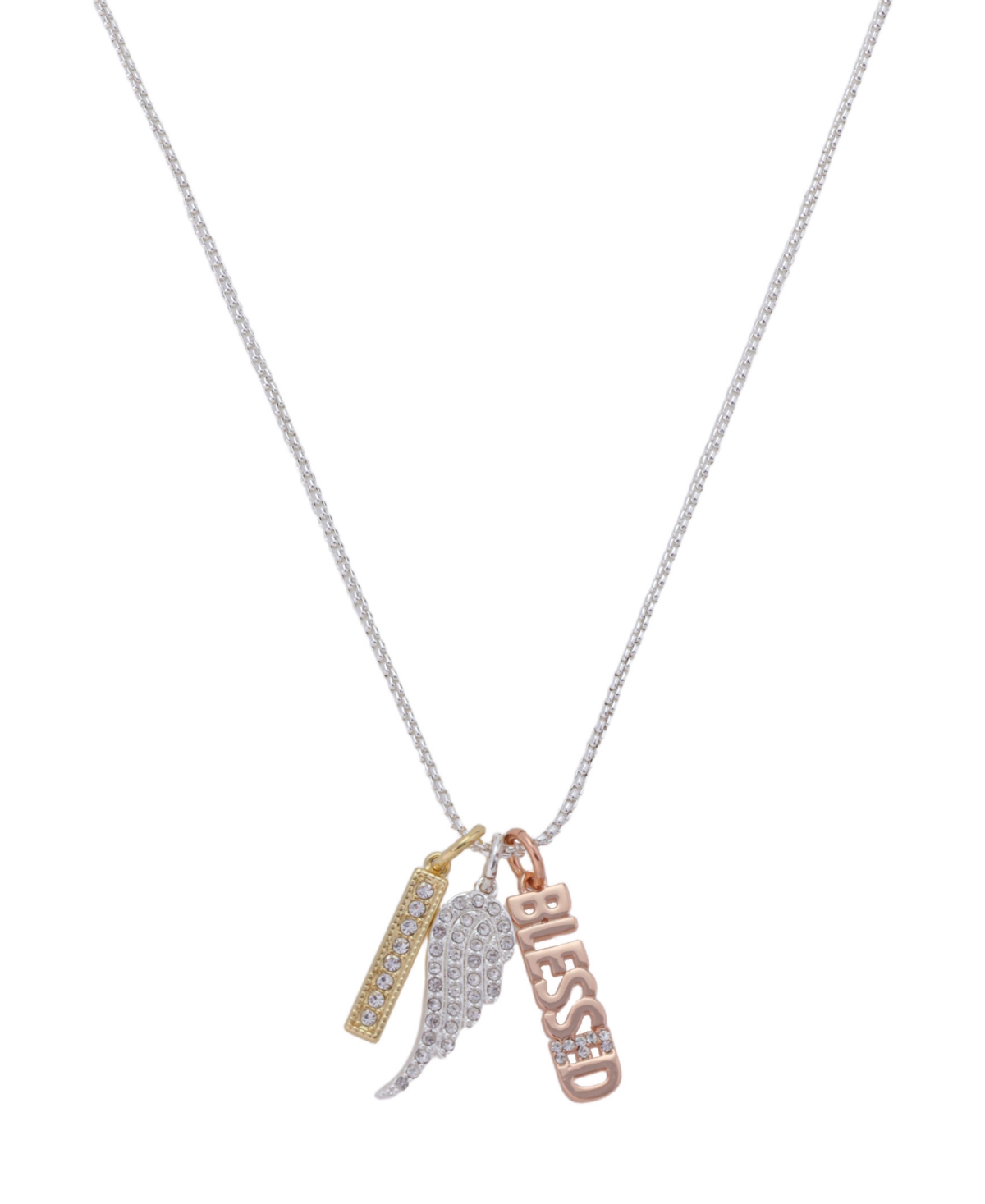 Fine Silver Plated Crystal Wing Blessed Charm Short Pendant Necklace - Tri-Tone