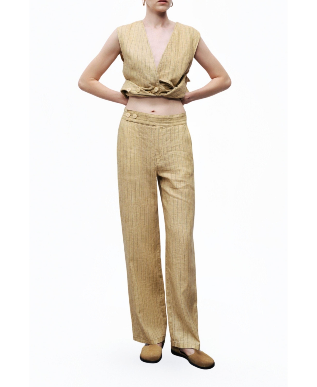 Women's Linen Striped High-Waist Pants - Medium beige