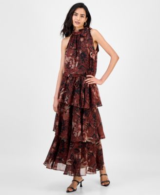 julia jordan - Women's Tie-Neck Blouson Tiered Maxi Dress