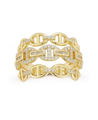 14K Gold Plated Sterling Silver Triple Row Pave Mariner Link Ring