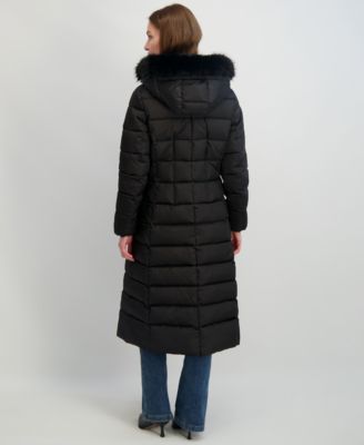 Womens Maxi Shine Bibbed Faux-Fur-Trimmed Hooded Puffer Coat