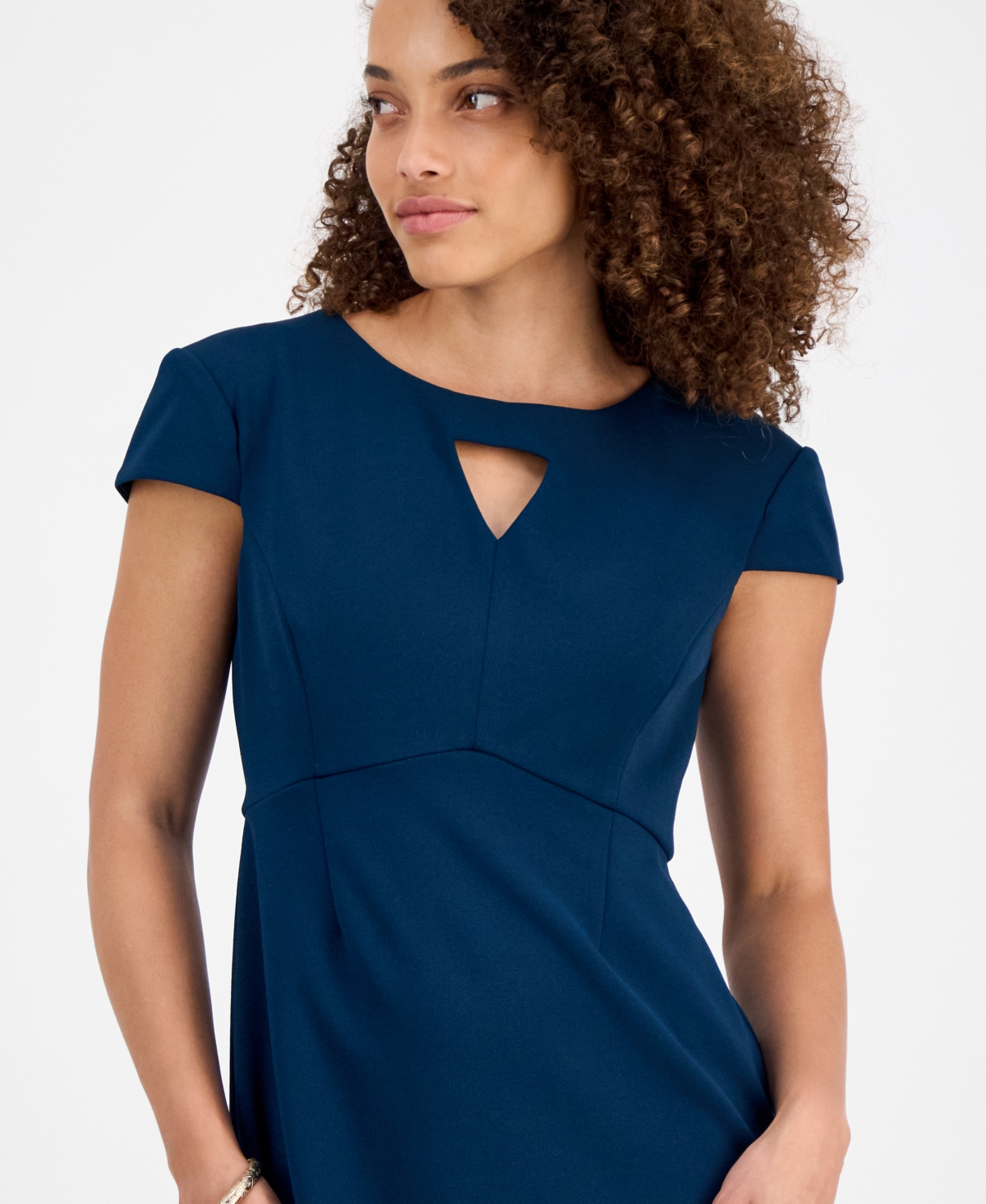 Connected Petite Keyhole-neck Short-sleeve Dress In Blue