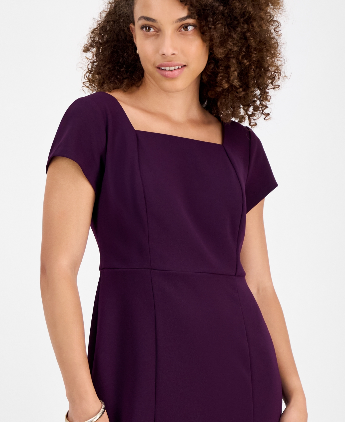 Connected Petite Square-neck Short-sleeve Dress In Purple