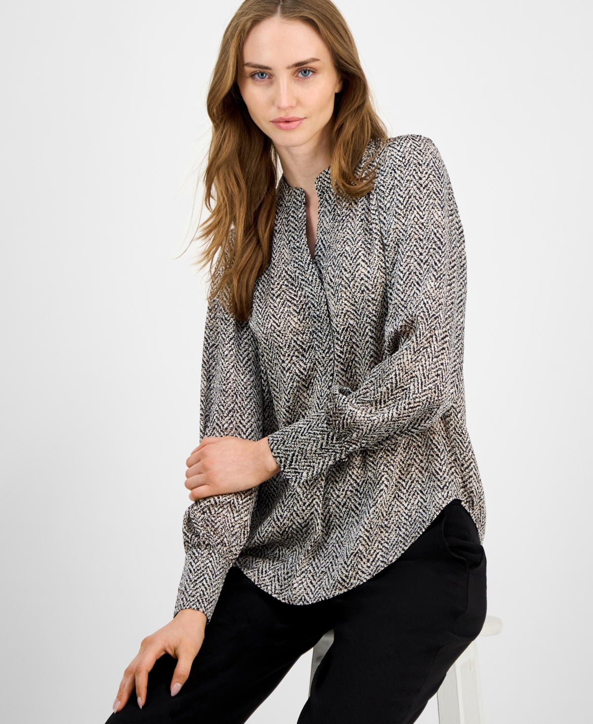 Anne Klein Womens Printed V Neck Long Sleeve Blouse P Xxs 3x In Black