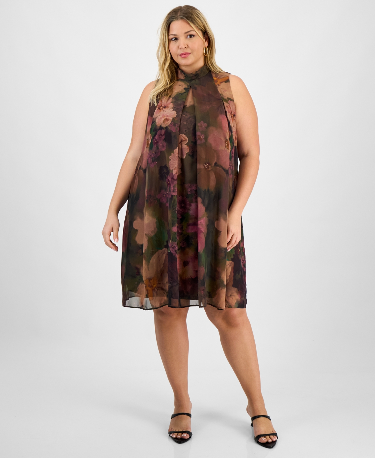 Robbie Bee Plus Size Floral Chiffon Mock-neck Chiffon Dress In Multi