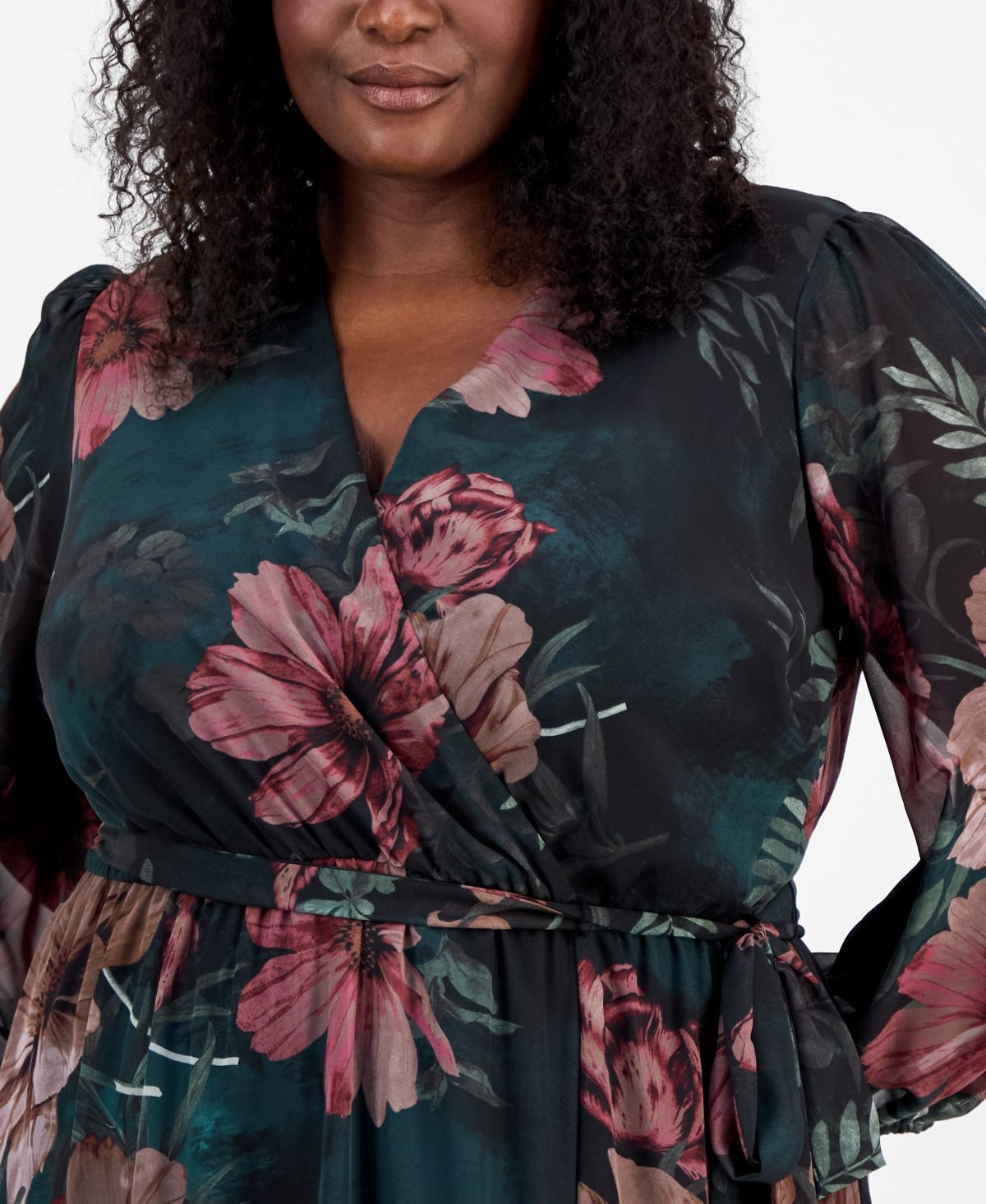 Robbie Bee Plus Size Floral-print Faux-wrap Dress In Black