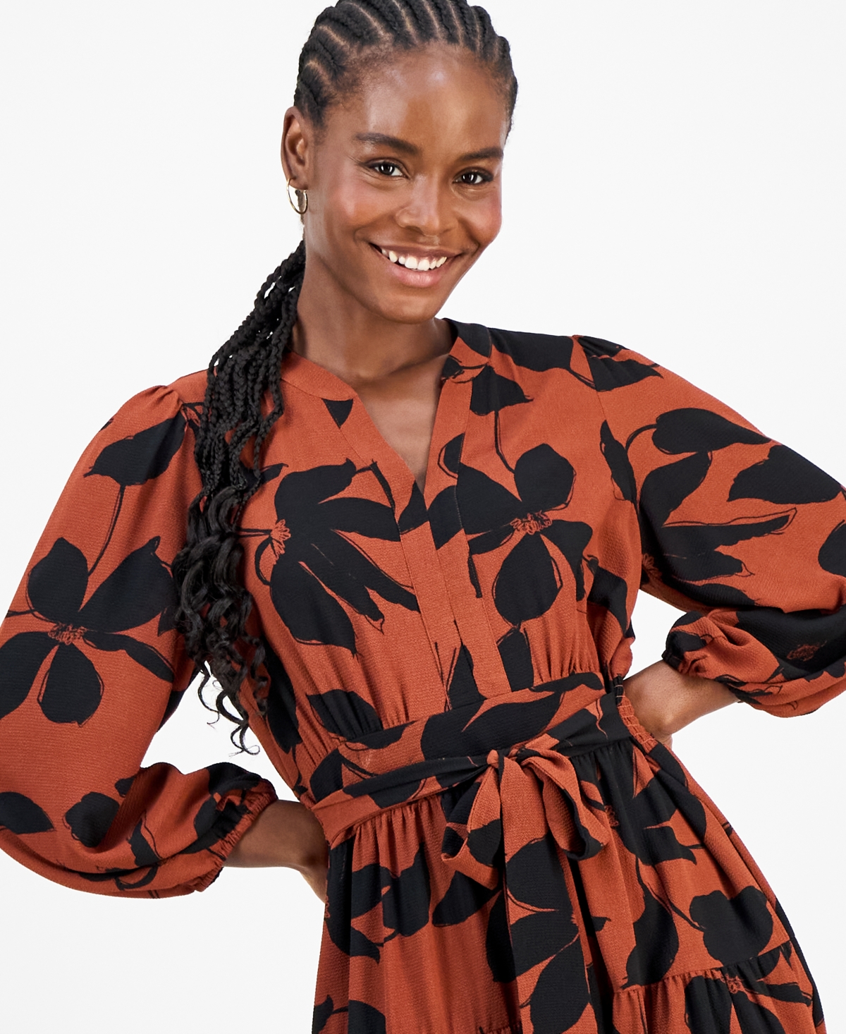 Robbie Bee Petite Floral-print Tiered Midi Dress In Brown