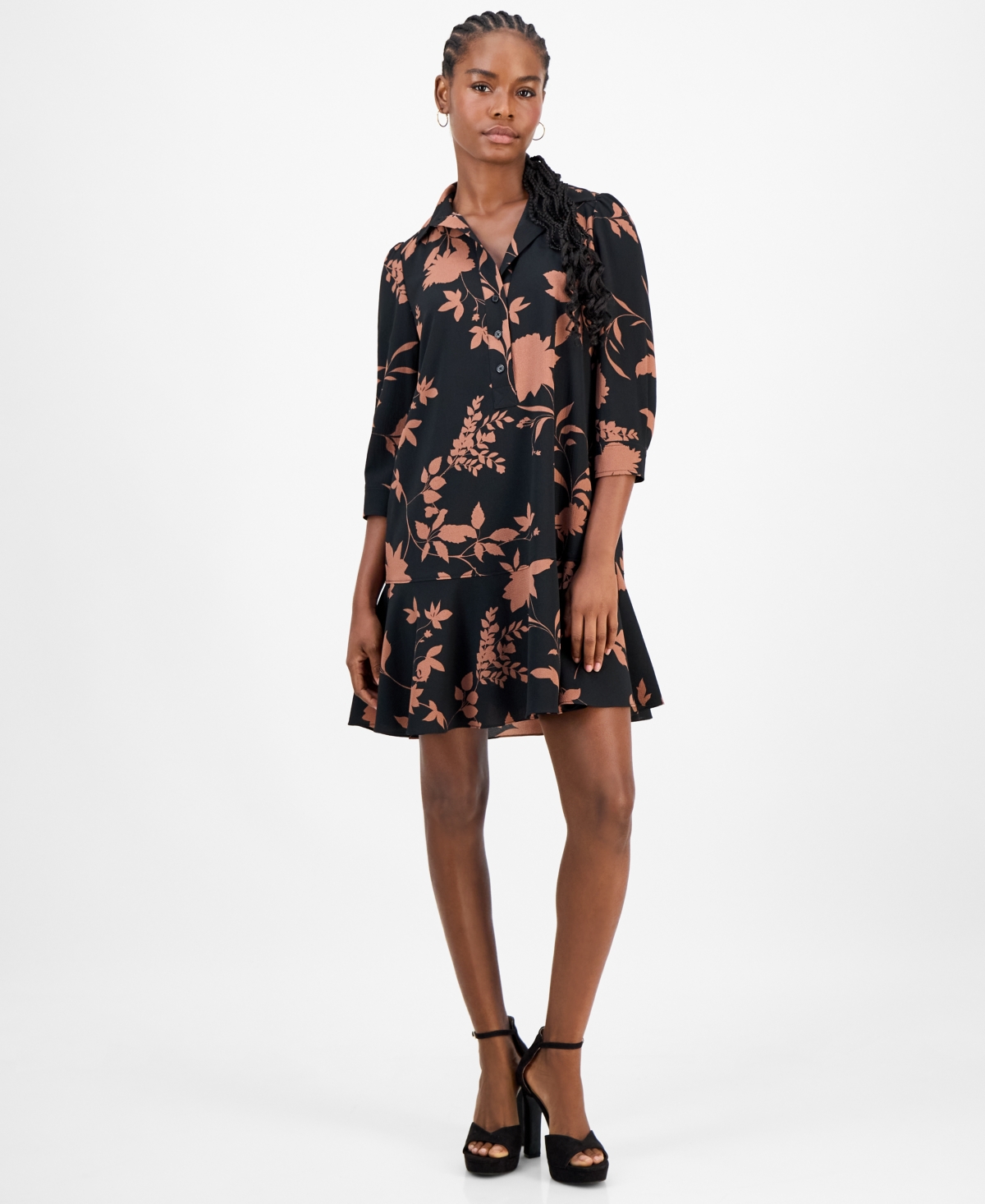 Robbie Bee Petite Printed Button-front Shift Dress In Black