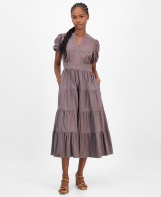Robbie Bee - Petite Puff-Sleeve Tiered Midi Dress