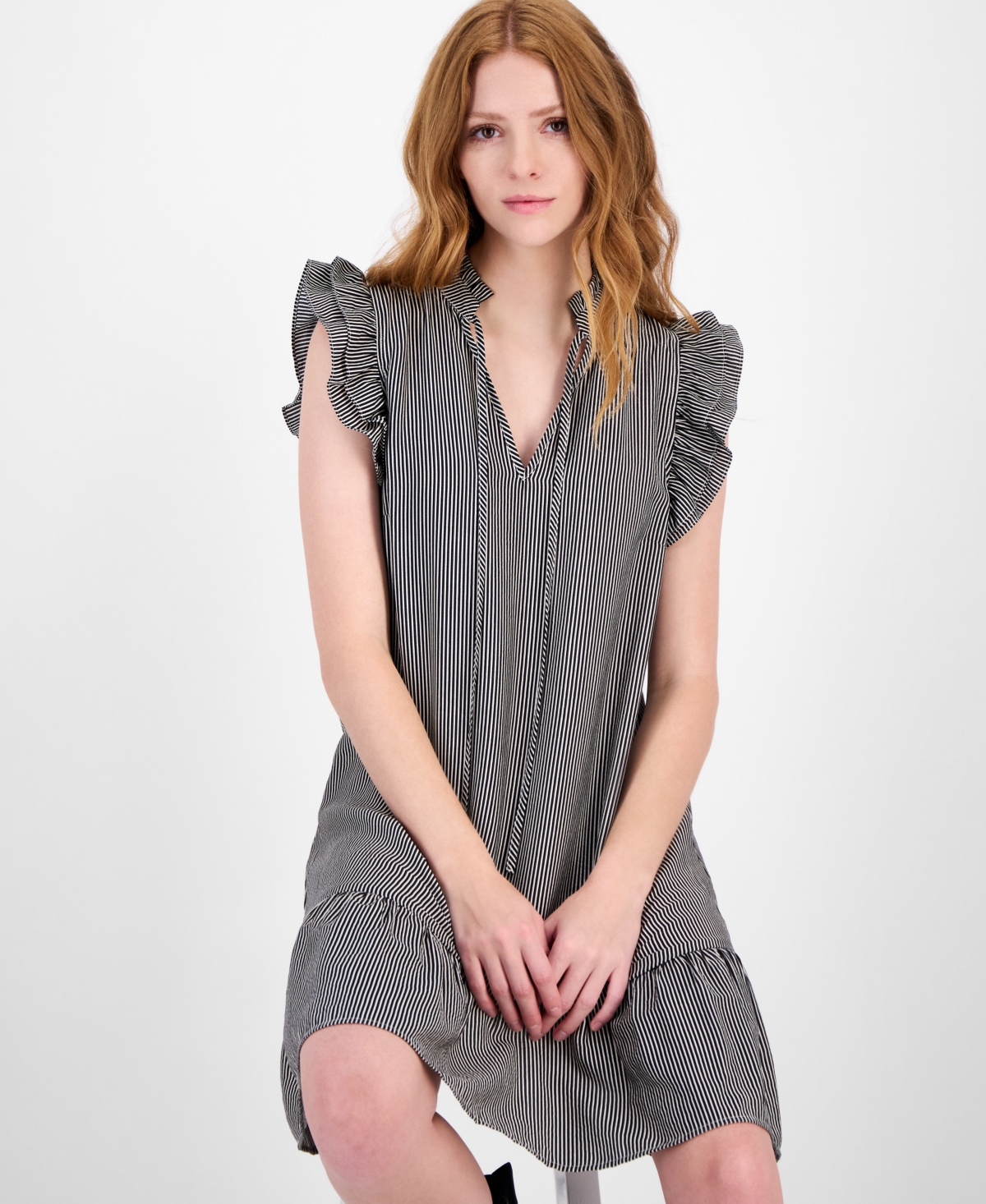 Sandra Darren Petite Flutter-sleeve Striped Shift Dress In Black