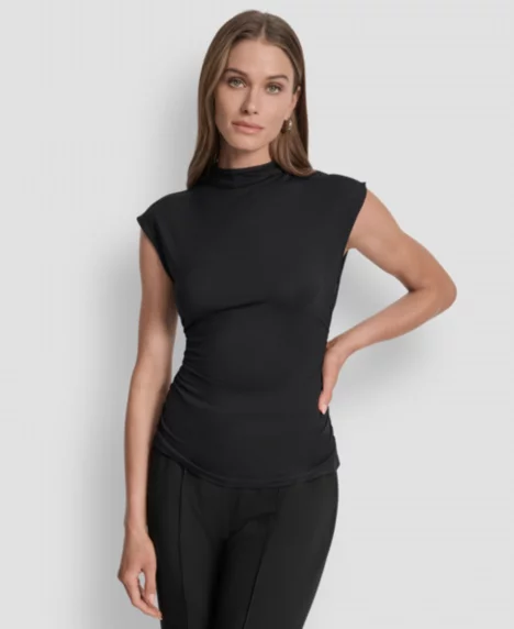 Petite Mock-Neck Sleeveless Side-ruched Knit Top - Black