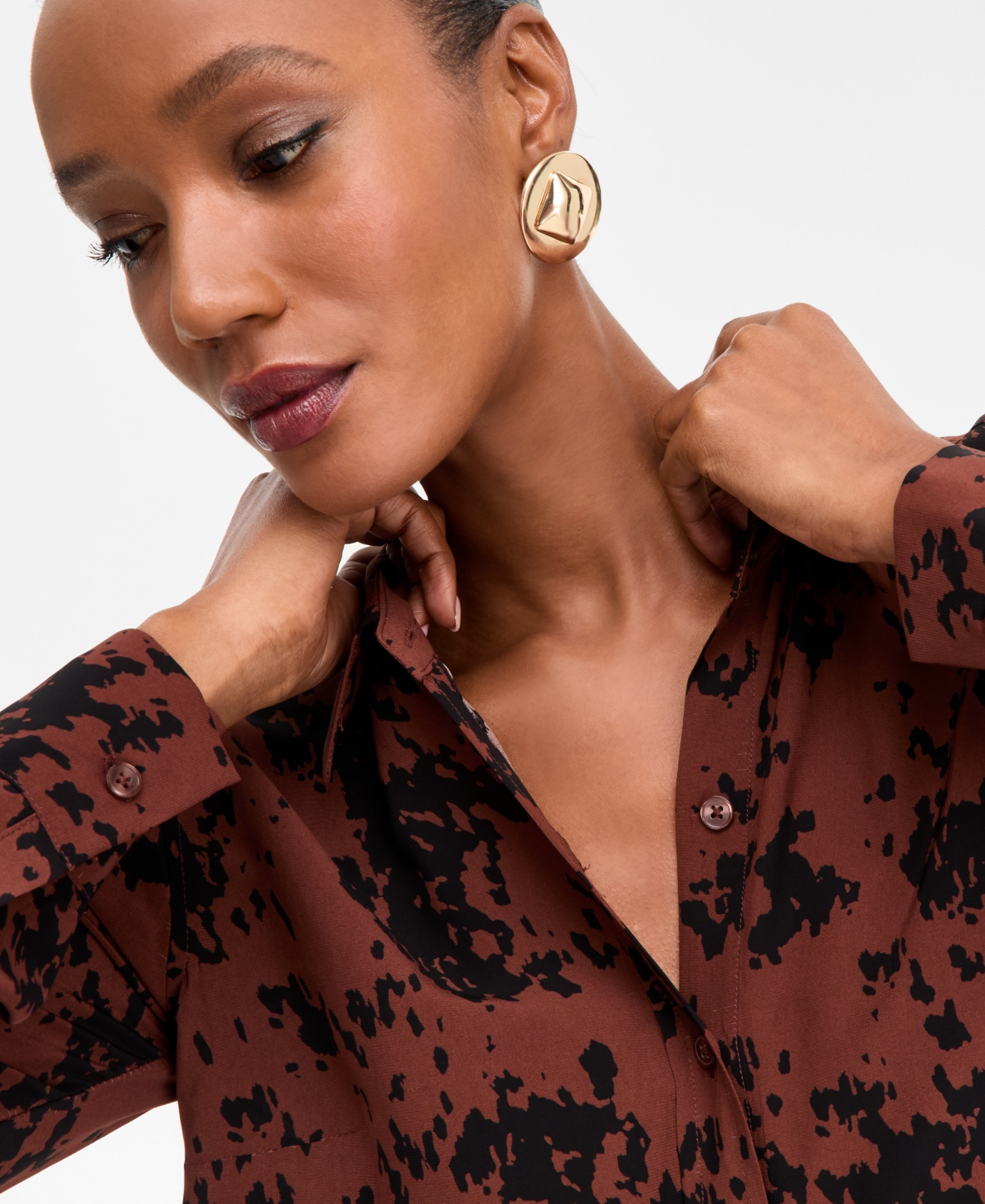 Inc International Concepts Women's Printed Button-front Shirt, Macy's Exclusive In Brown