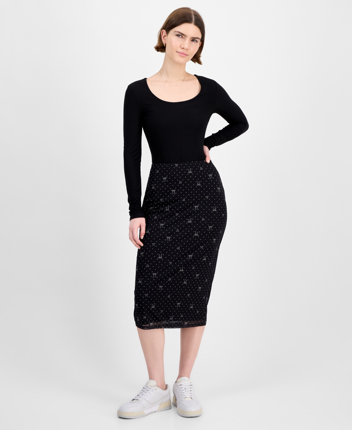 Tinseltown Juniors' Printed-mesh Midi Skirt In Black