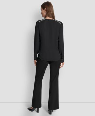 Women's Long Sleeve Trimmed Lapel Blouse, Regular & Petite