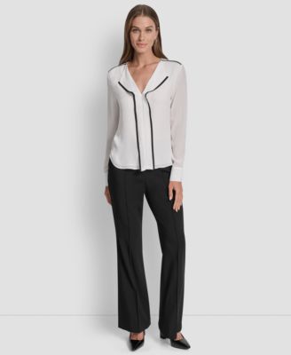 Women's Long Sleeve Trimmed Lapel Blouse, Regular & Petite