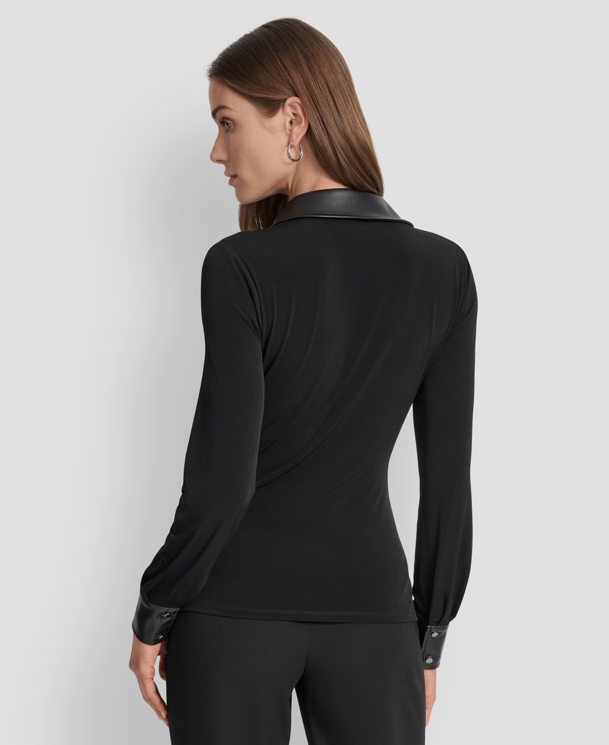 Dkny Mixed Media Long Sleeve Knot Front Top In Black