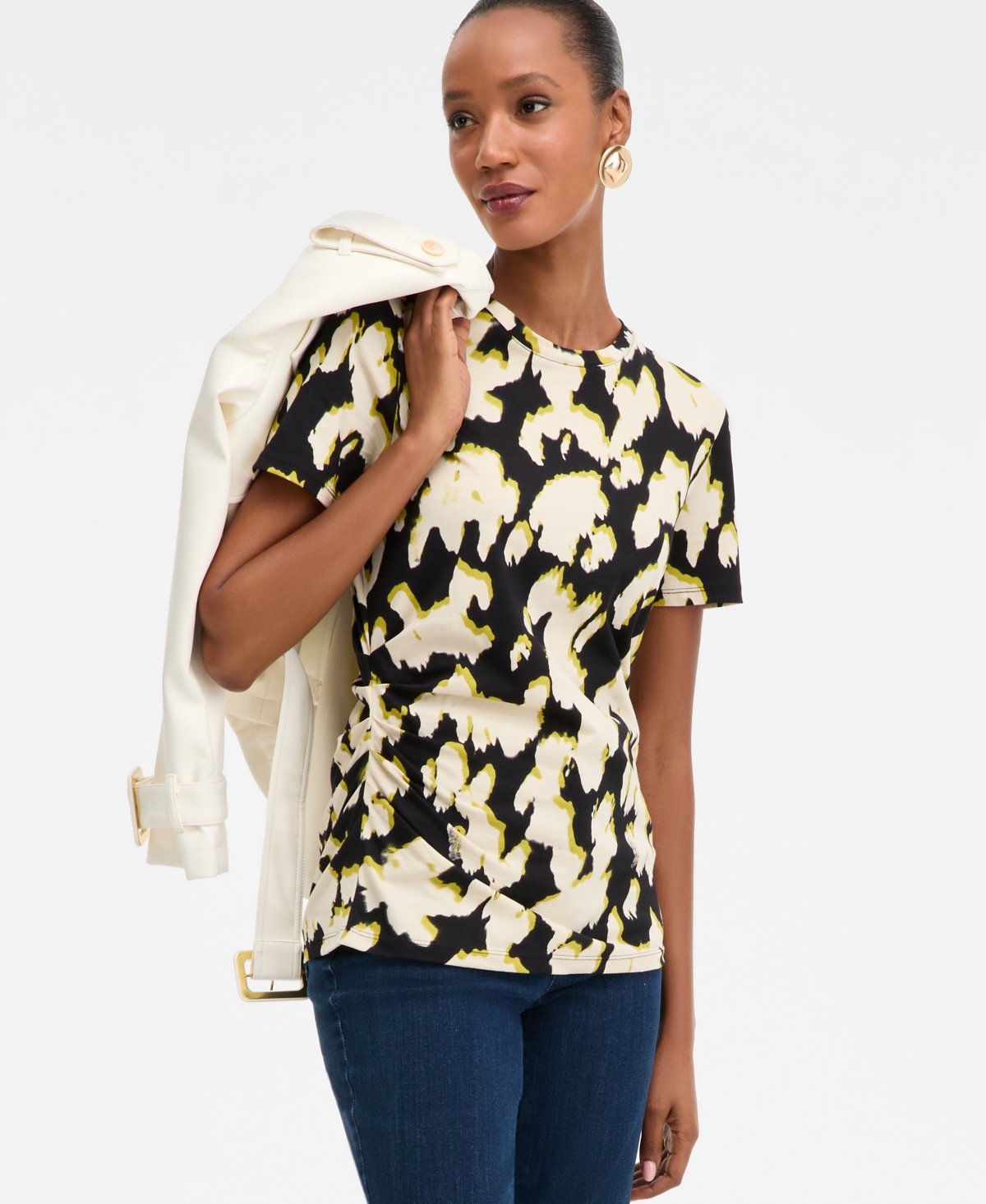 I.n.c. International Concepts Women's Cotton Printed Ruched-Waist T-Shirt, Macy's Exclusive